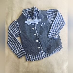 Nautica Blue Plaid Shirt and Gray Vest Matching Set with Bow Tie And Vest